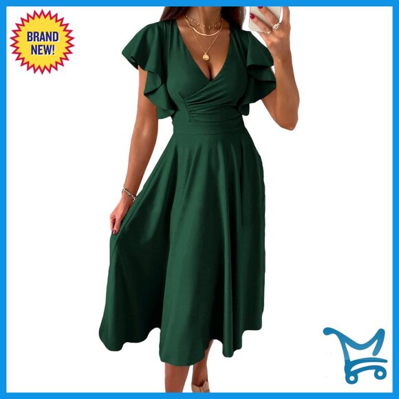 Ruffle Sleeve V Neck A Line Midi Dress Fit Flare Cocktail Wedding Guest